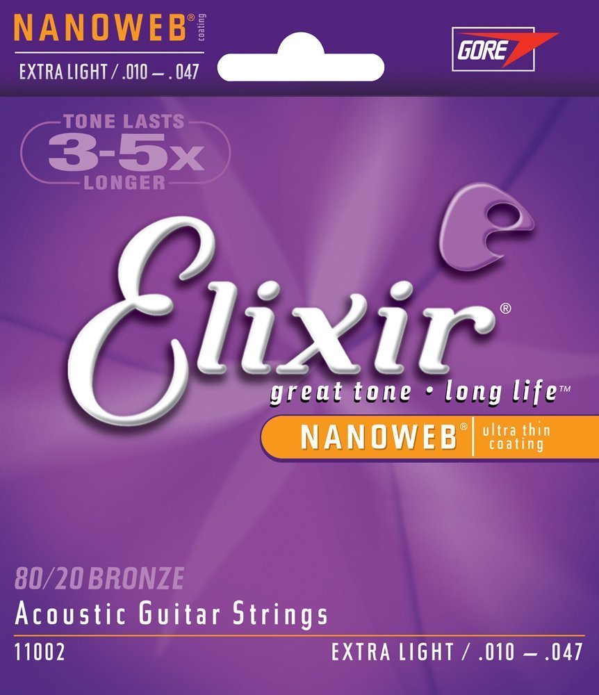 Elixir 11002 80/20 Bronze Acoustic Guitar Strings with NANOWEB Coating, Extra Light (.010-.047)