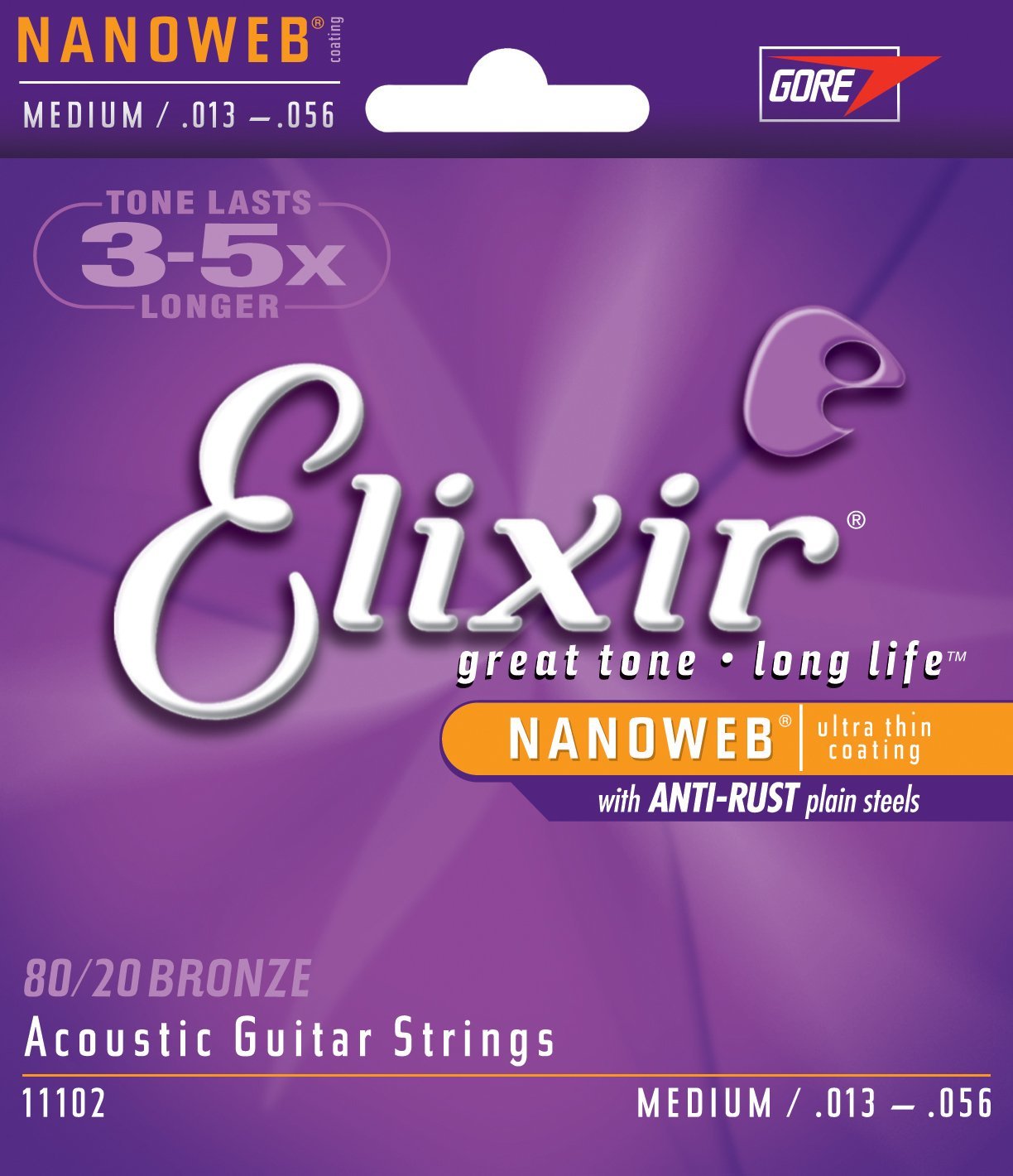 Elixir 11102 80/20 Bronze Acoustic Guitar Strings with NANOWEB Coating, Medium (.013-.056)