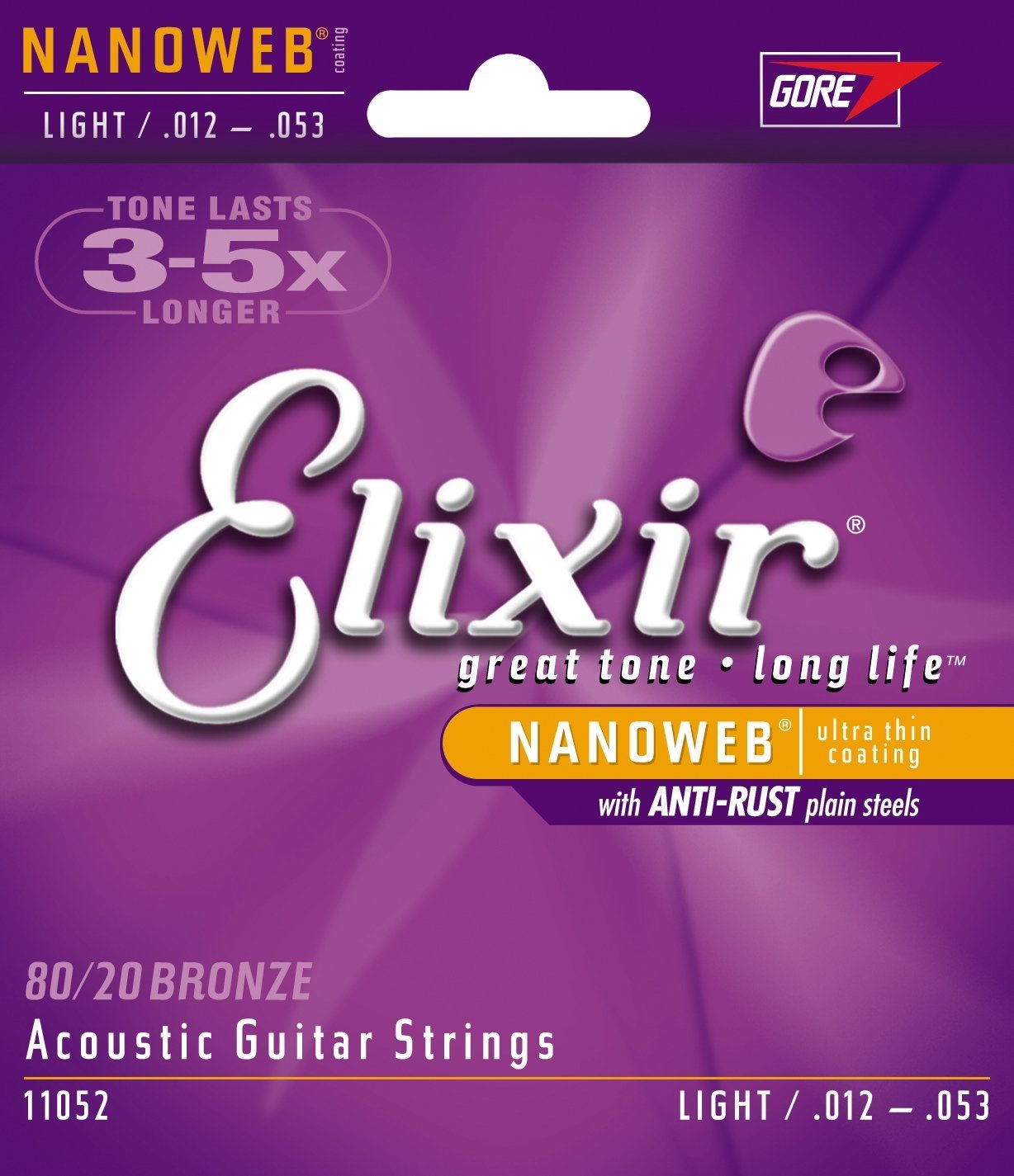 Elixir 11052 80/20 Bronze Acoustic Guitar Strings with NANOWEB Coating, Light (.012-.053)