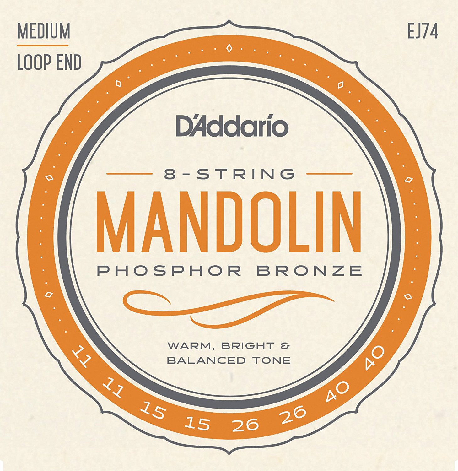 D Addario EJ74 Phosphor Bronze Mandolin Strings, Loop End - Medium, 11-40