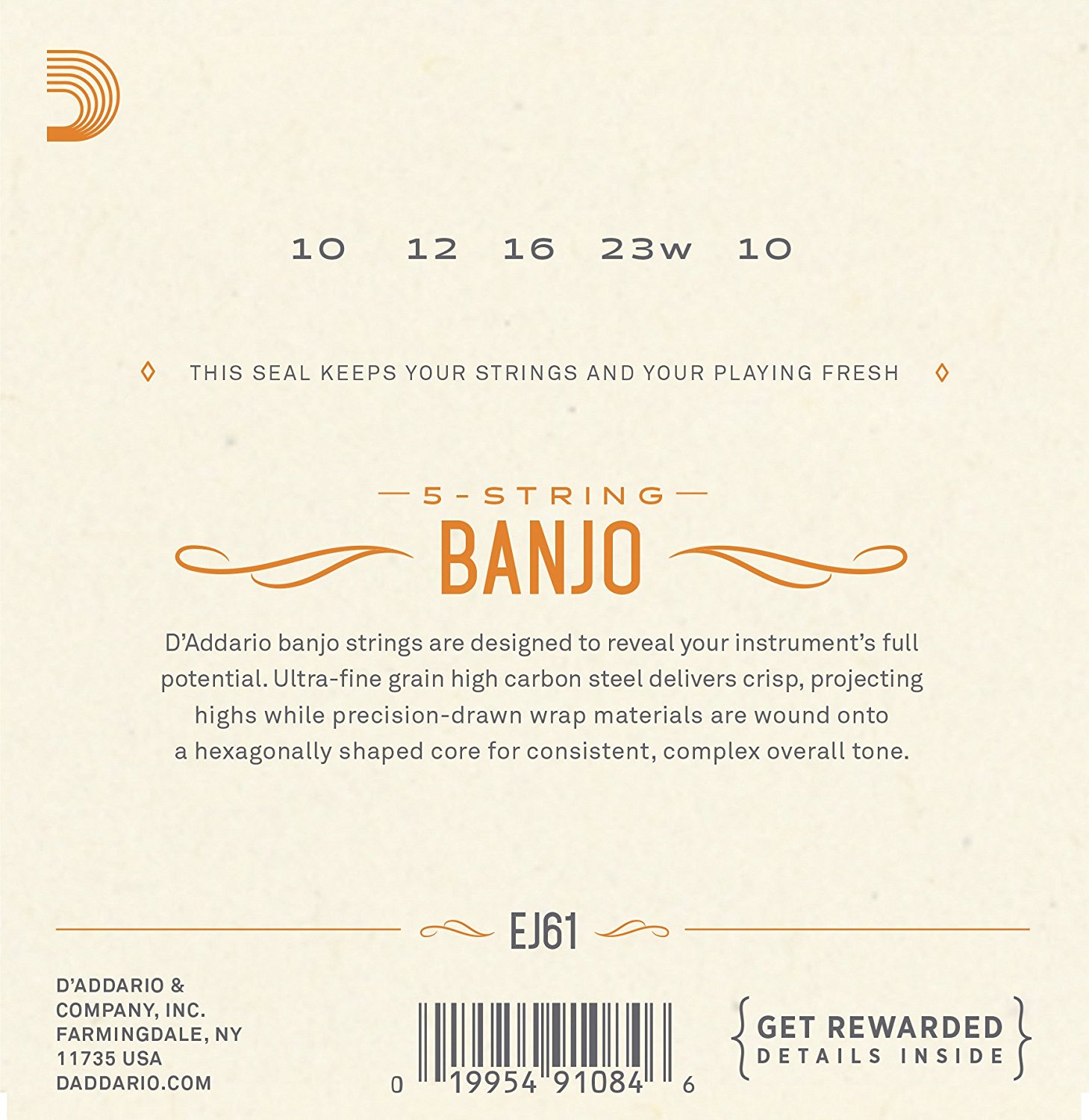 D Addario EJ61 5-String Banjo Strings, Nickel, Medium, 10-23