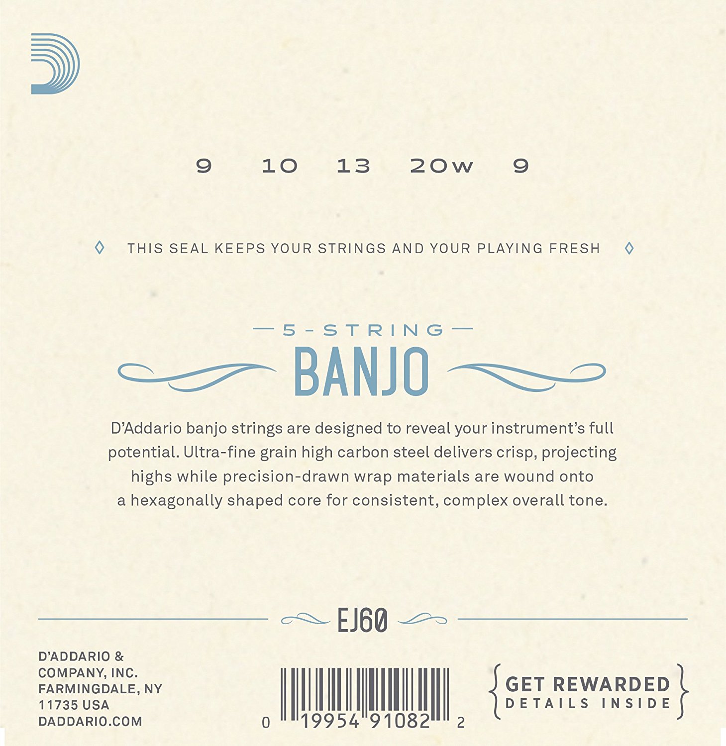 D Addario EJ60 5-String Banjo Strings, Nickel, Light, 9-20
