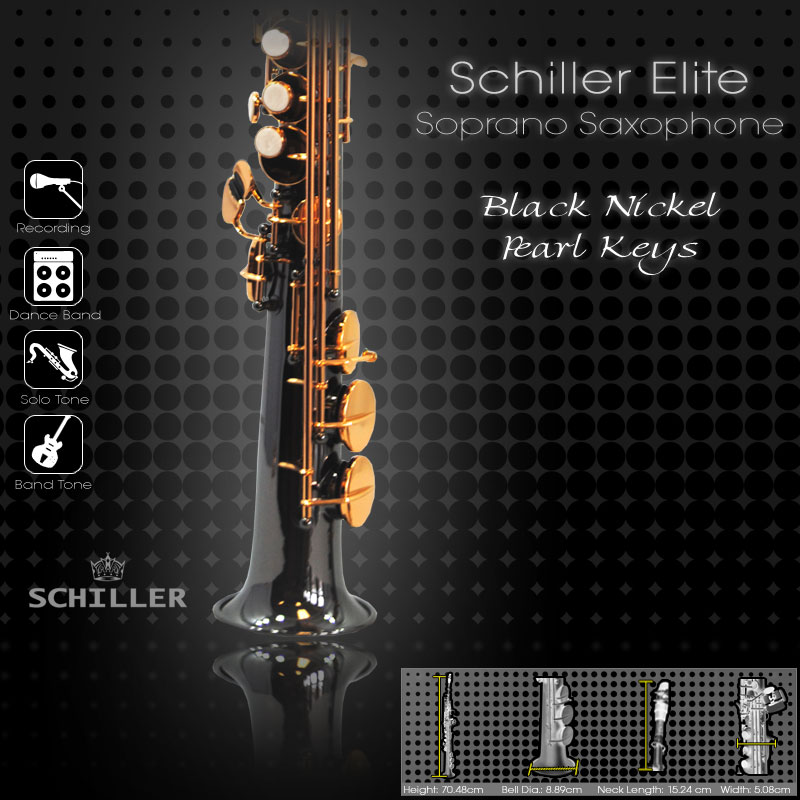Schiller Elite V Soprano Saxophone - Black Nickle Plated w/ Gold & Pearl Keys